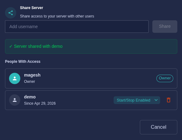Share Server dialog showing a shared user