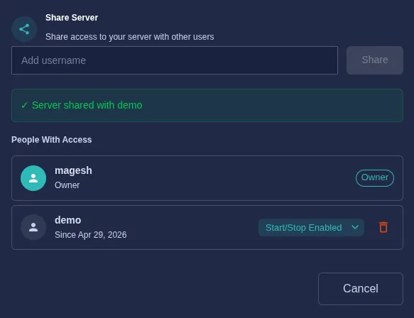 Share Server dialog showing a shared user